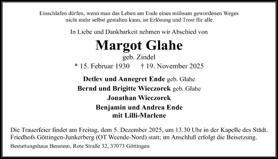 Traueranzeige von Margot Glahe von Göttinger Tageblatt