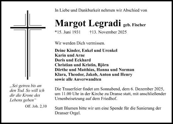 Traueranzeige von Margot Legradi von Wochenspiegel