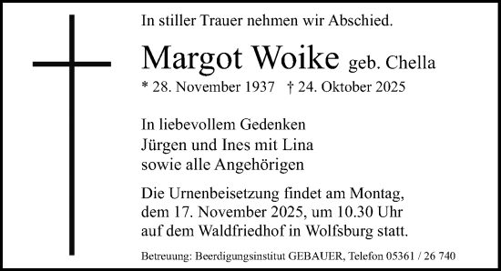 Traueranzeige von Margot Woike von Aller Zeitung