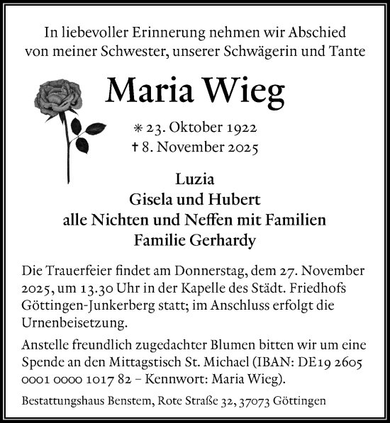 Traueranzeige von Maria Wieg von Göttinger Tageblatt