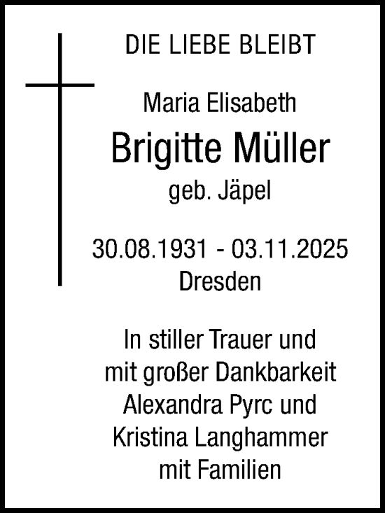 Traueranzeige von Maria Elisabeth Brigitte Müller von Sächsische Zeitung
