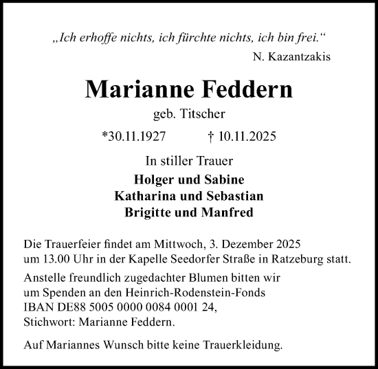 Traueranzeige von Marianne Feddern von Lübecker Nachrichten