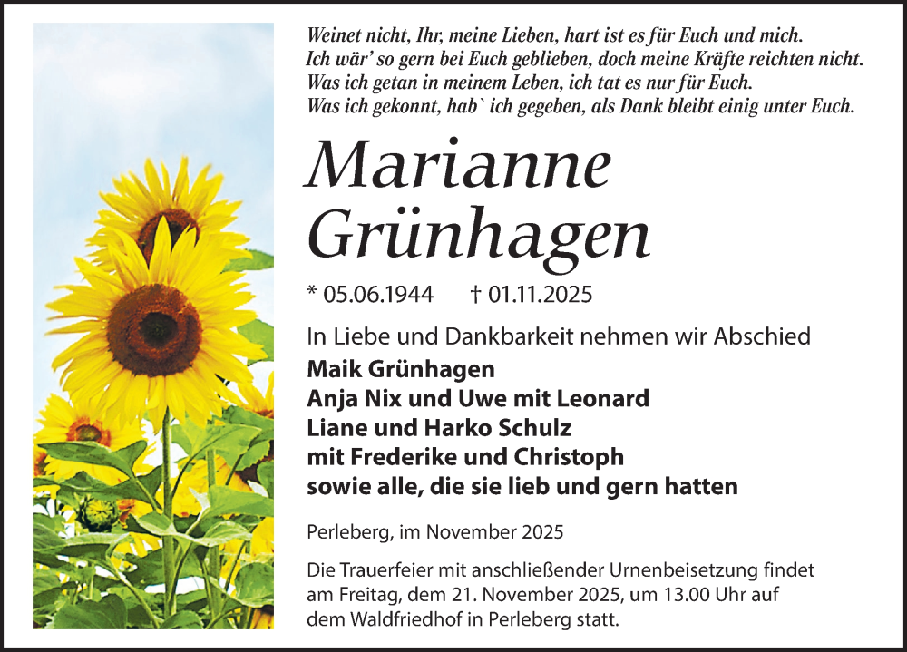  Traueranzeige für Marianne Grünhagen vom 08.11.2025 aus Wochenspiegel