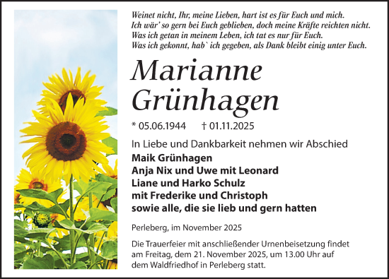 Traueranzeige von Marianne Grünhagen von Wochenspiegel