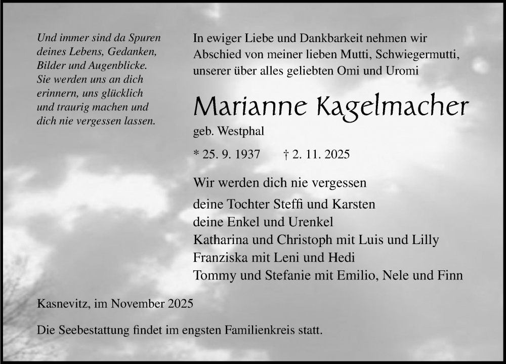  Traueranzeige für Marianne Kagelmacher vom 08.11.2025 aus Ostsee-Zeitung GmbH