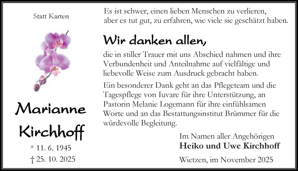  Traueranzeige für Marianne Kirchhoff vom 29.11.2025 aus Die Harke