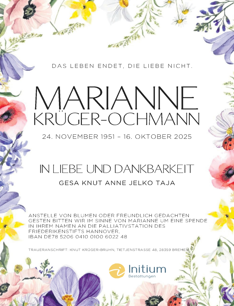  Traueranzeige für Marianne Krüger-Ochmann vom 15.11.2025 aus Hannoversche Allgemeine Zeitung/Neue Presse