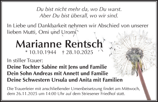Traueranzeige von Marianne Rentsch von Sächsische Zeitung