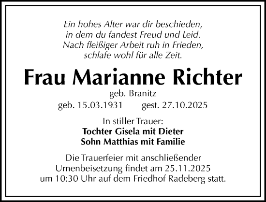 Traueranzeige von Marianne Richter von Sächsische Zeitung