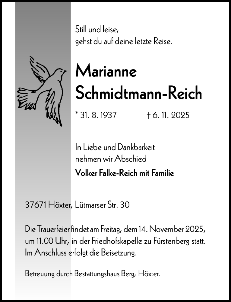  Traueranzeige für Marianne Schmidtmann-Reich vom 11.11.2025 aus Täglicher Anzeiger Holzminden