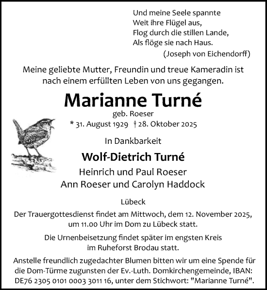 Traueranzeige von Marianne Turné von Lübecker Nachrichten