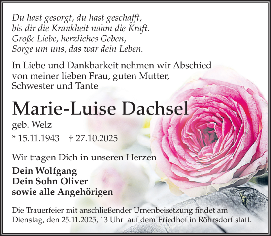 Traueranzeige von Marie-Luise Dachsel von Sächsische Zeitung