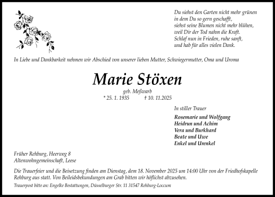 Traueranzeige von Marie Stöxen von Die Harke