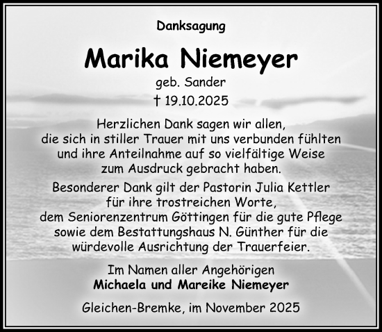 Traueranzeige von Marika Niemeyer von Göttinger Tageblatt