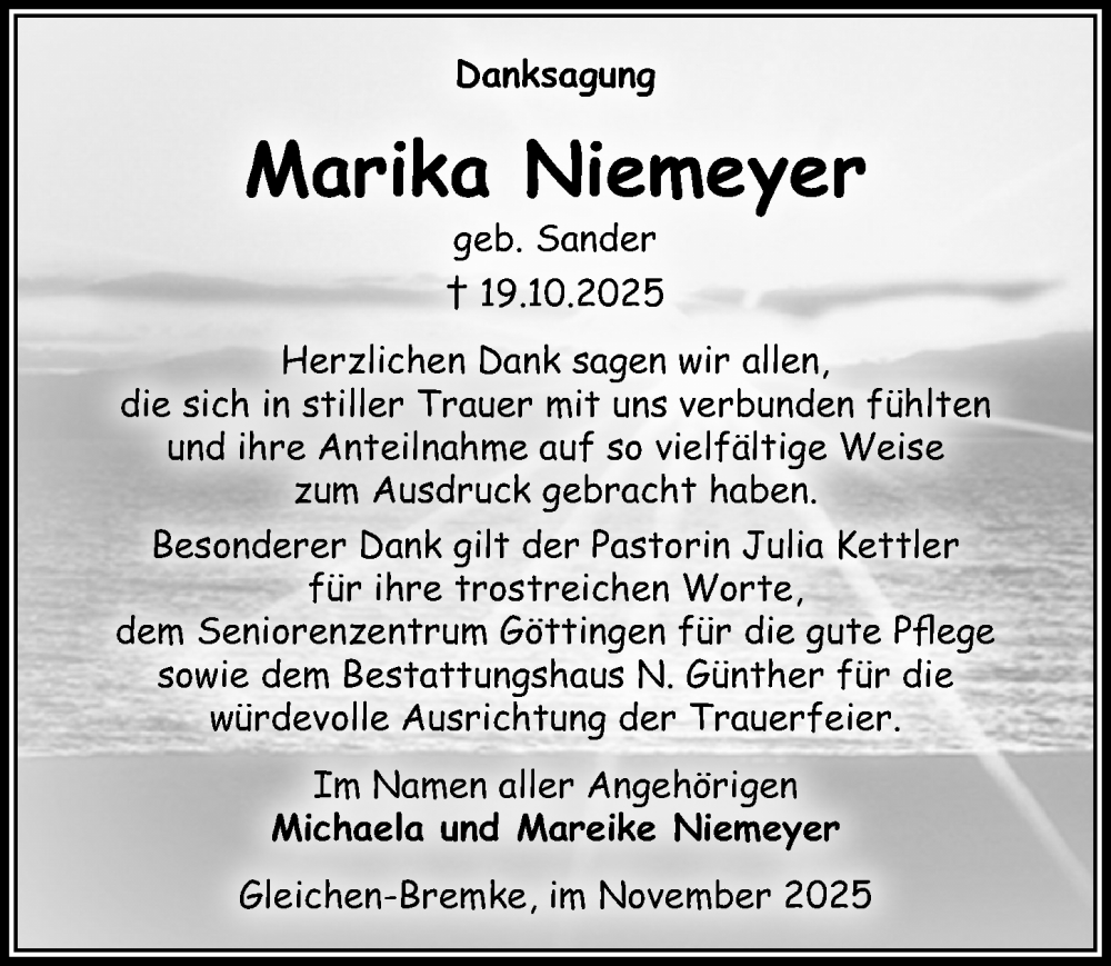  Traueranzeige für Marika Niemeyer vom 15.11.2025 aus Göttinger Tageblatt