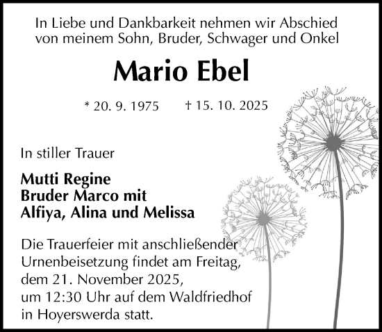 Traueranzeige von Mario Ebel von Sächsische Zeitung