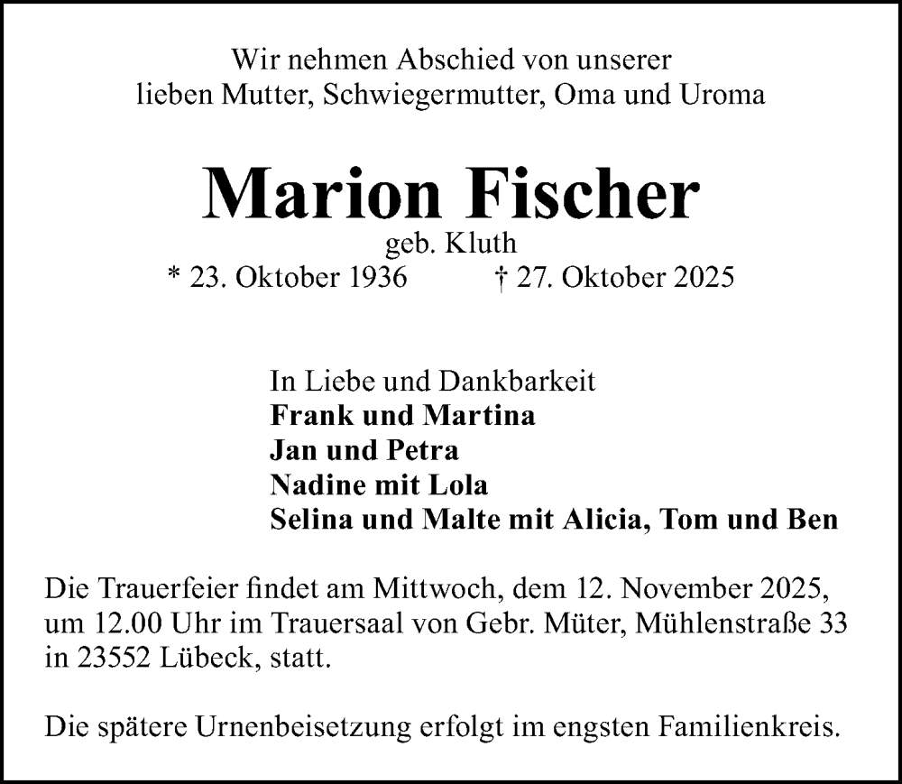  Traueranzeige für Marion Fischer vom 09.11.2025 aus Lübecker Nachrichten