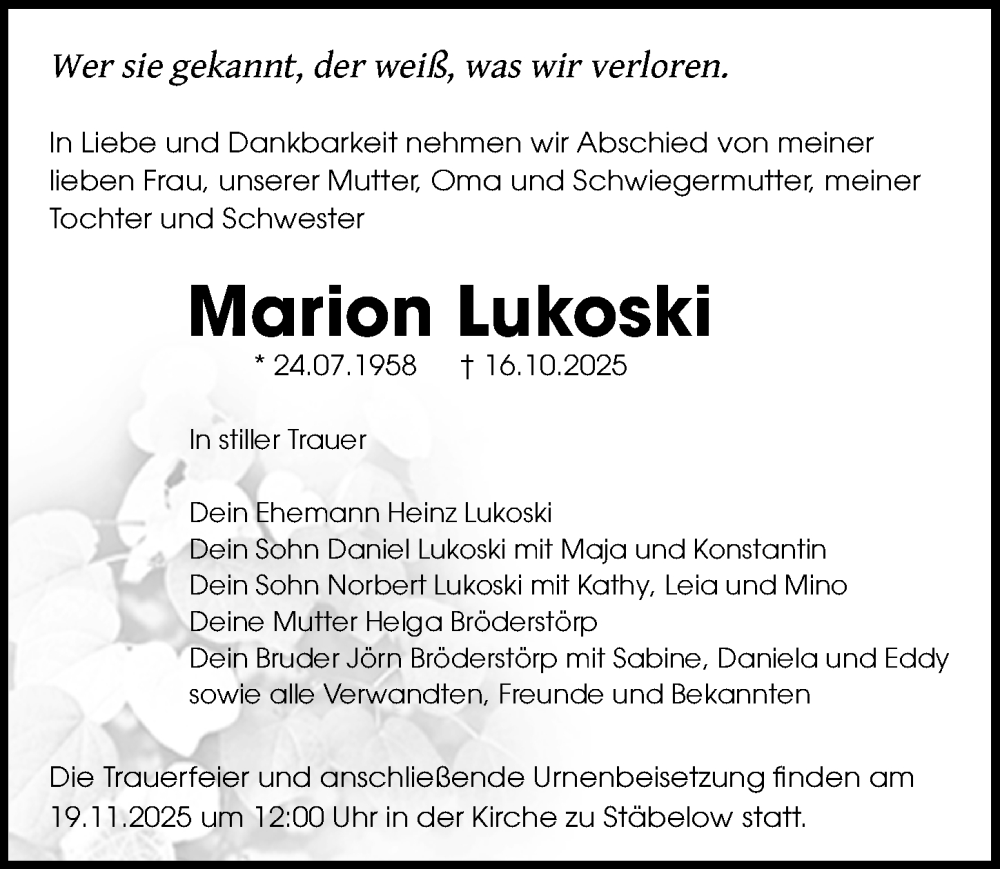  Traueranzeige für Marion Lukoski vom 08.11.2025 aus Ostsee-Zeitung GmbH