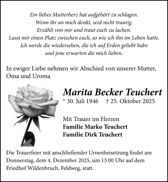 Traueranzeige von Marita Becker Teuchert von Märkischen Allgemeine Zeitung