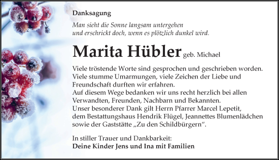 Traueranzeige von Marita Hübler von Leipziger Volkszeitung