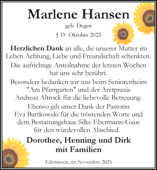 Traueranzeige von Marlene Hansen von Peiner Allgemeine Zeitung