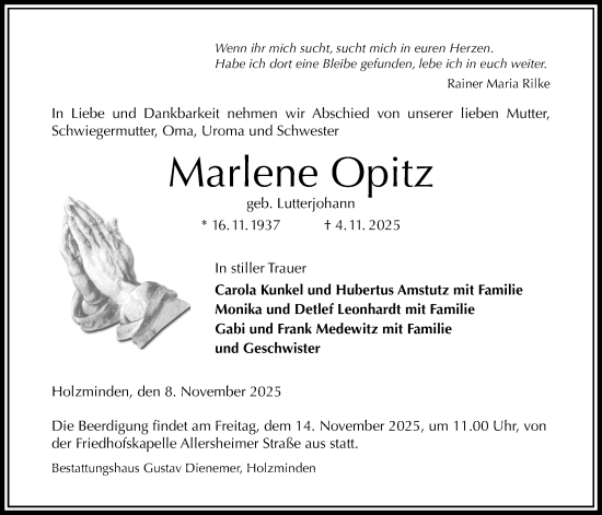 Traueranzeige von Marlene Opitz von Täglicher Anzeiger Holzminden