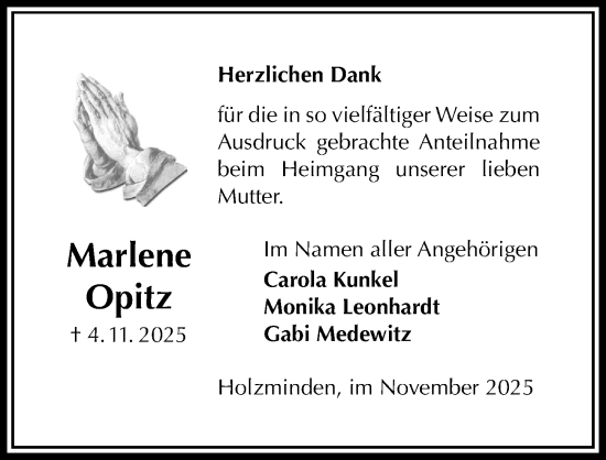 Traueranzeige von Marlene Opitz von Täglicher Anzeiger Holzminden