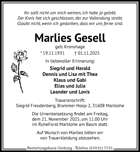 Traueranzeige von Marlies Gesell von Die Harke