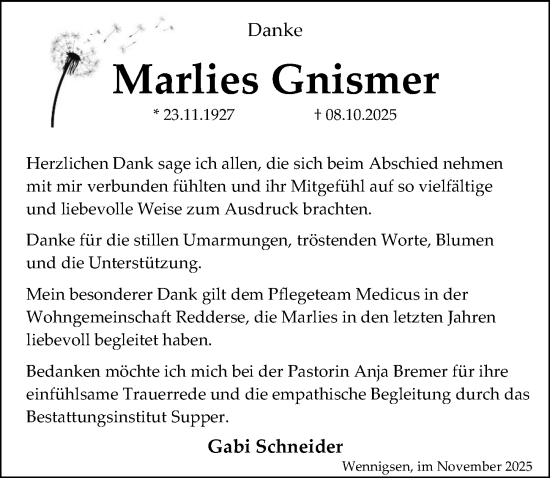Traueranzeige von Marlies Gnismer von Hannoversche Allgemeine Zeitung/Neue Presse