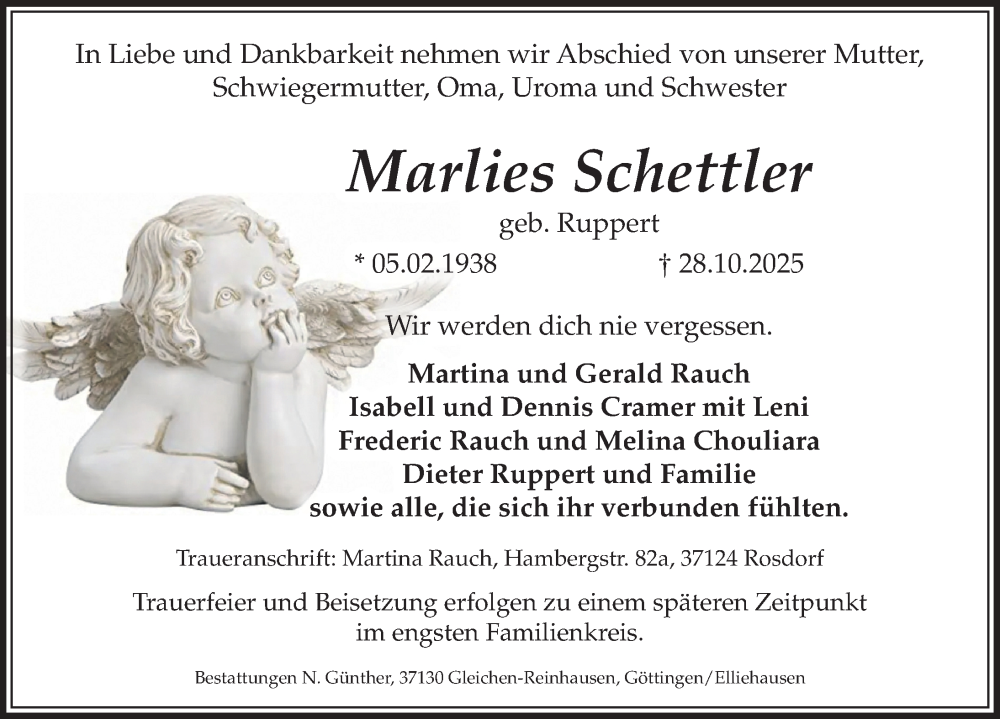  Traueranzeige für Marlies Schettler vom 08.11.2025 aus Göttinger Tageblatt