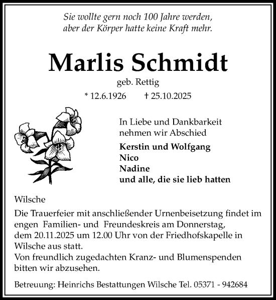 Traueranzeige von Marlis Schmidt von Aller Zeitung