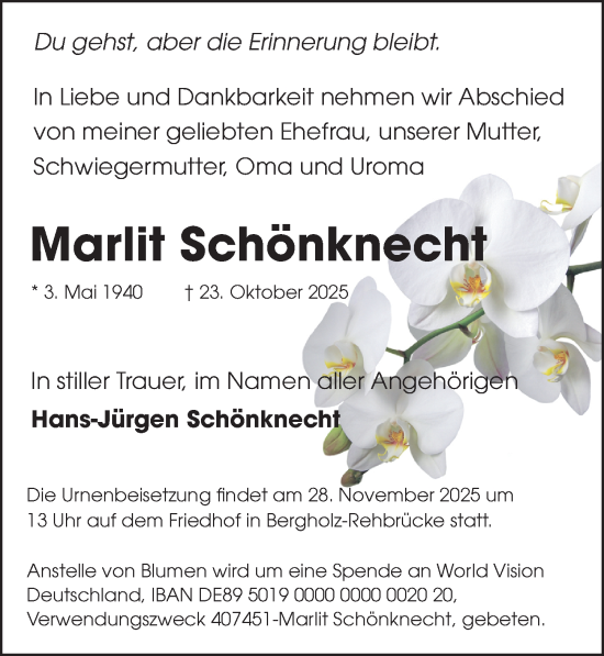 Traueranzeige von Marlit Schönknecht von Märkischen Allgemeine Zeitung