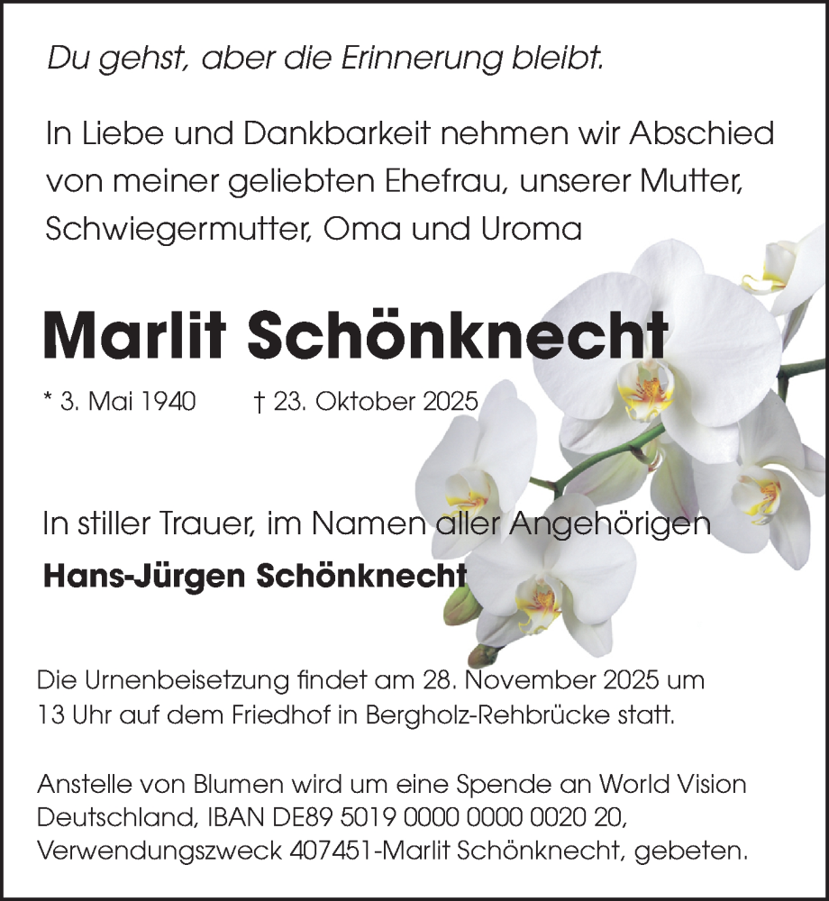  Traueranzeige für Marlit Schönknecht vom 08.11.2025 aus Märkischen Allgemeine Zeitung
