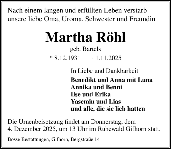 Traueranzeige von Martha Röhl von Aller Zeitung