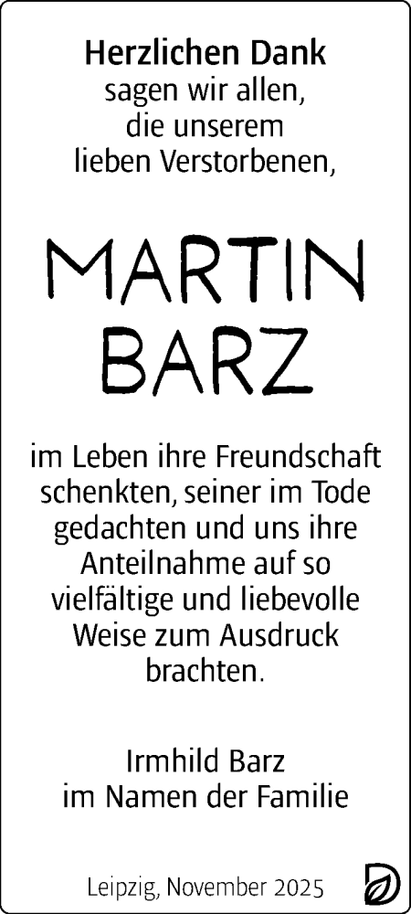 Traueranzeige von Martin Barz von Leipziger Volkszeitung