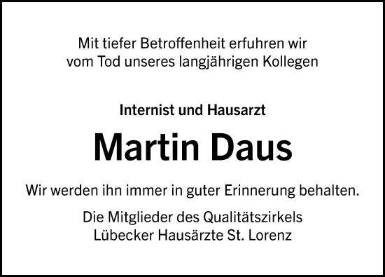 Traueranzeige von Martin Daus von Lübecker Nachrichten