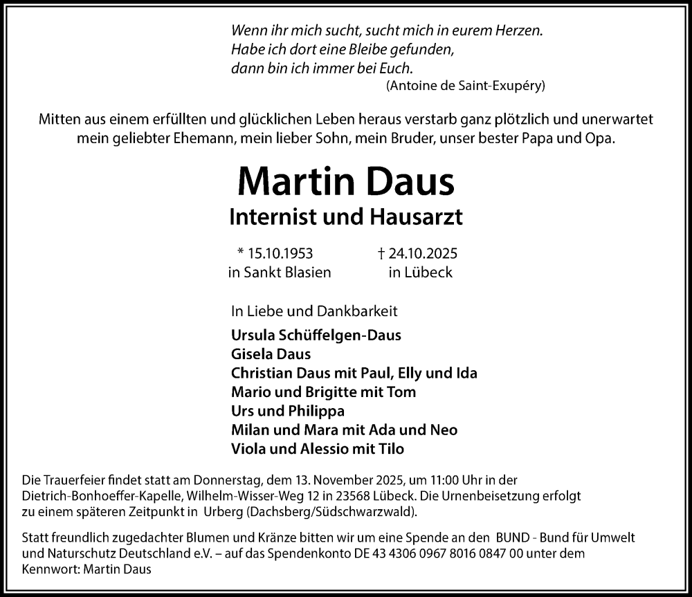  Traueranzeige für Martin Daus vom 09.11.2025 aus Lübecker Nachrichten