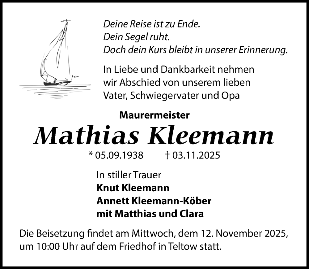  Traueranzeige für Mathias Kleemann vom 08.11.2025 aus Märkischen Allgemeine Zeitung