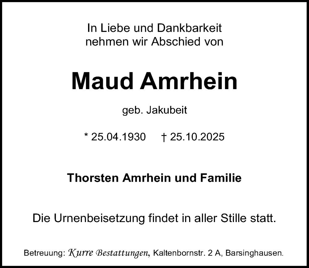  Traueranzeige für Maud Amrhein vom 15.11.2025 aus Hannoversche Allgemeine Zeitung/Neue Presse