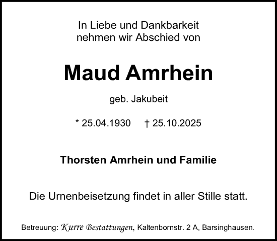 Traueranzeige von Maud Amrhein von Hannoversche Allgemeine Zeitung/Neue Presse