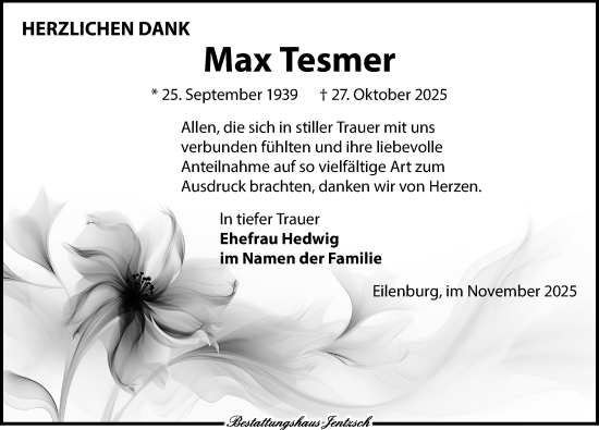 Traueranzeige von Max Tesmer von Leipziger Volkszeitung