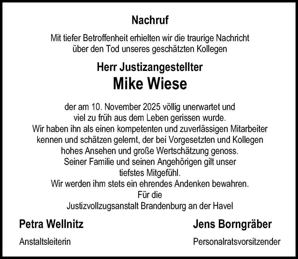  Traueranzeige für Mike Wiese vom 22.11.2025 aus Märkischen Allgemeine Zeitung
