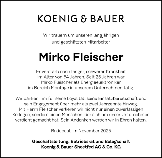 Traueranzeige von Mirko Fleischer von Sächsische Zeitung