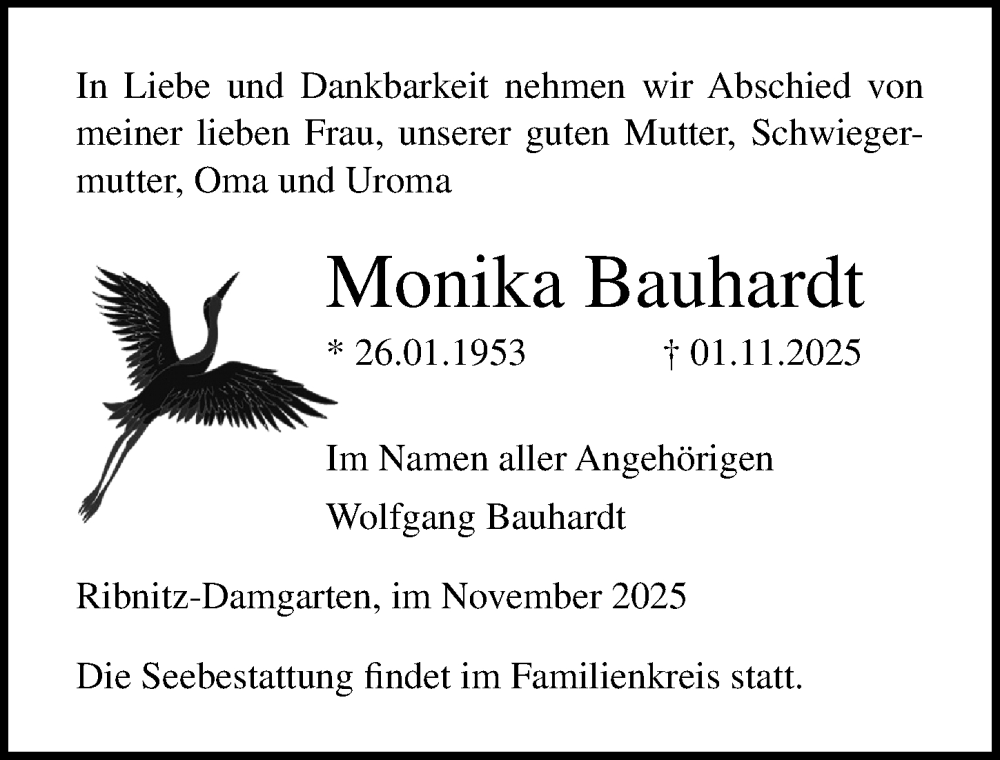  Traueranzeige für Monika Bauhardt vom 08.11.2025 aus Ostsee-Zeitung GmbH