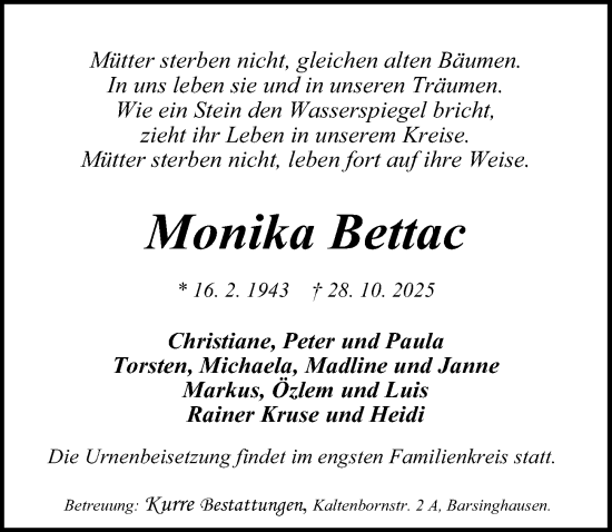 Traueranzeige von Monika Bettac von Hannoversche Allgemeine Zeitung/Neue Presse