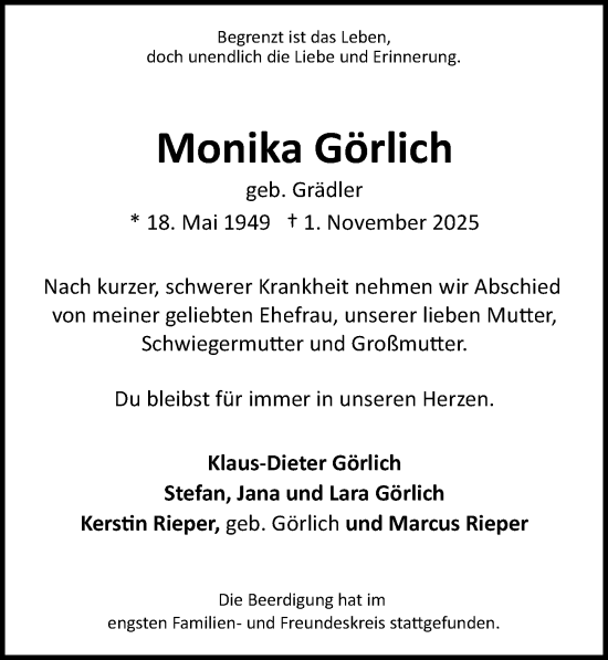 Traueranzeige von Monika Görlich von Hannoversche Allgemeine Zeitung/Neue Presse