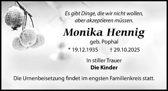 Traueranzeige von Monika Hennig von Wochenspiegel