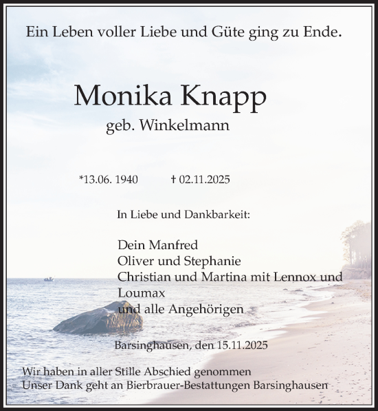 Traueranzeige von Monika Knapp von Hannoversche Allgemeine Zeitung/Neue Presse