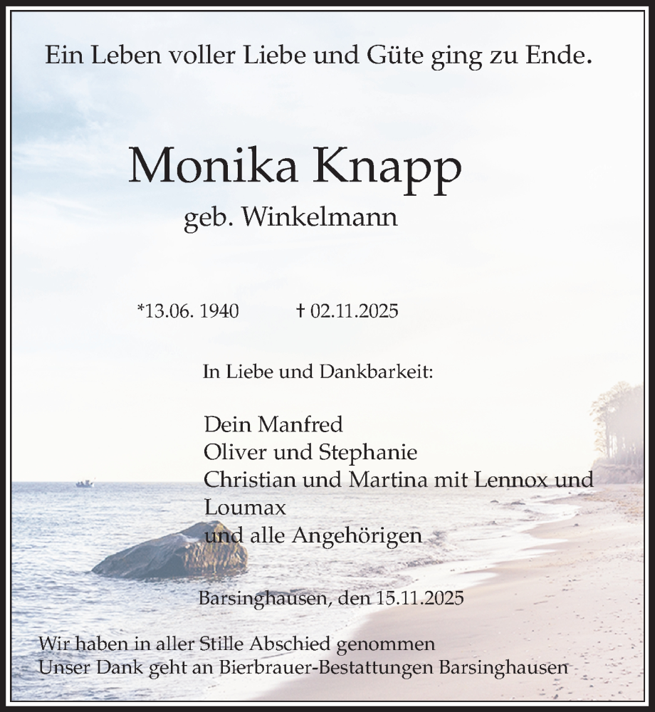  Traueranzeige für Monika Knapp vom 15.11.2025 aus Hannoversche Allgemeine Zeitung/Neue Presse
