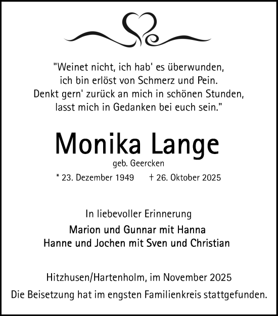 Traueranzeige von Monika Lange von Kieler Nachrichten